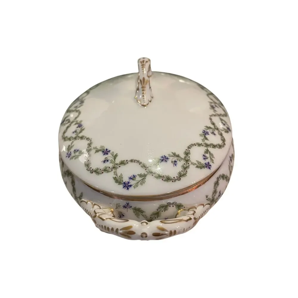 Vtg Limoge France oval vegetable dish green garland blue floral swag gold detail